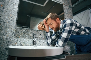 A frustrated man with in a blue and white checkered shirt and blue overalls leans over a bathroom sink. He is possibly trying to identify the source of a foul bathroom odor.