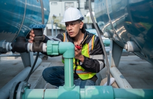 A man in a construction uniform and jeans closely inspects a valve attached to two large blue tanks and a series of plumbing pipes.