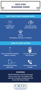 Infographic calling out the warning signs of a gas leak and how to take action if it happens.