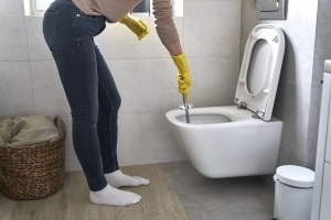 Homeowner using toilet snake before calling plumber