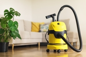 Wet dry vac sitting in living room before being used to fix clogged toilet