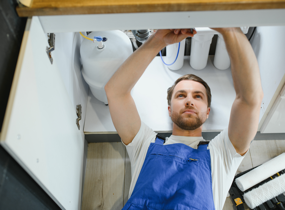 A young man wearing blue overalls lays underneath a sink. He is working on a series of white plumbing pipes.