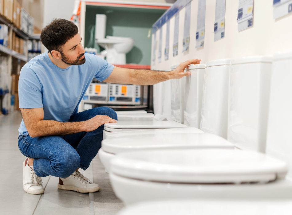 A young man kneels down to look at white toilets in a hardware store, perhaps checking whether they are low-flow.