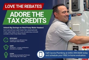 Graphic with an image of Geno Caccia hugging a water heater and text about tax credits.