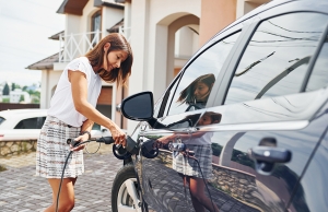 A woman plugs a Level 2 EV charger into her car near her home