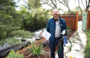 Jeff from Caccia Plumbing arriving to help a resident prepare for California's rainstorms