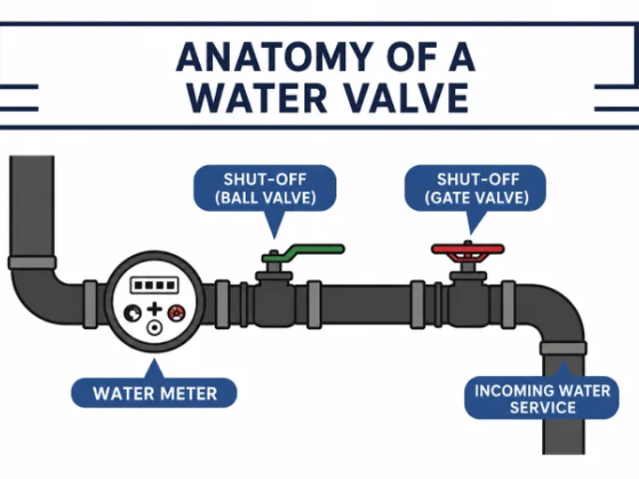 Diagram: main shutoff valve location + turn direction arrows
