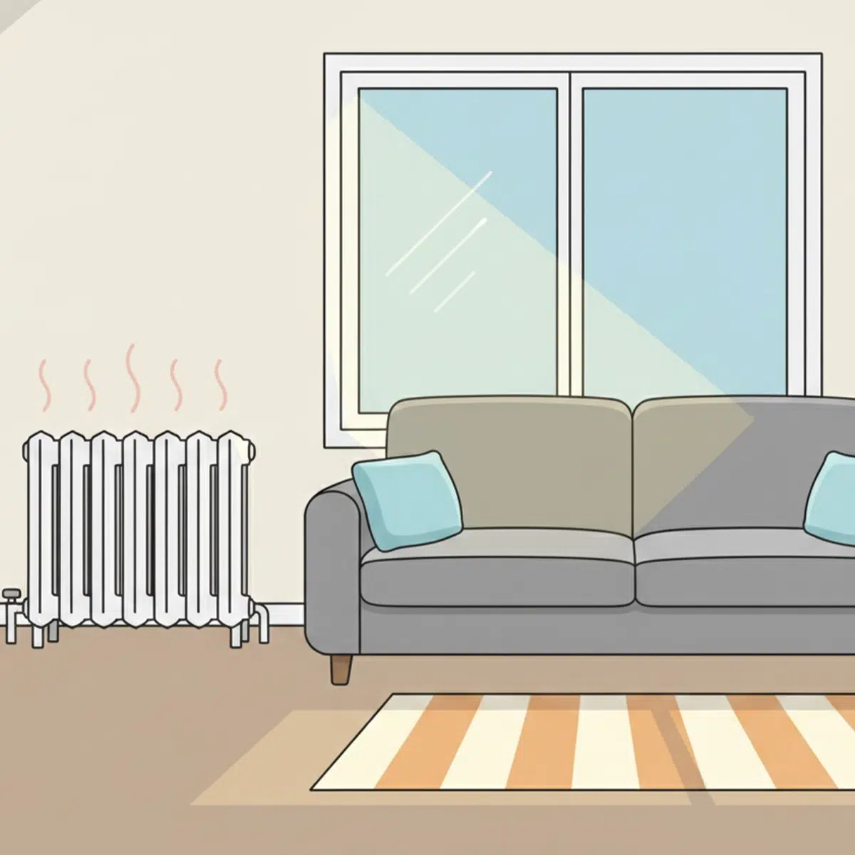 A radiator emitting heat in a living room.