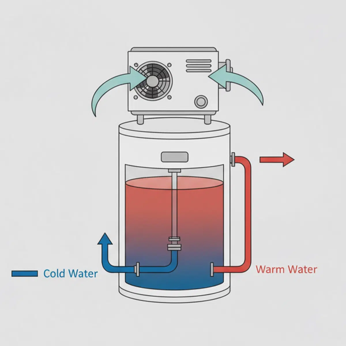 An illustration showing cold water (blue) turning into warm water (red) to show how a heat pump water heater works.