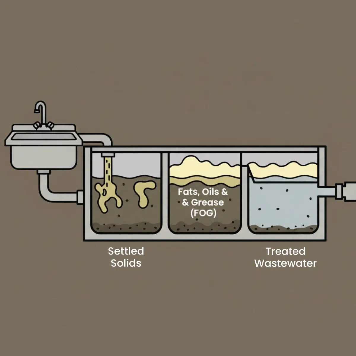 A cross-section infographic showing how a grease trap functions. The illustration shows a commercial kitchen sink with water and grease flowing into the trap. Inside the trap, the diagram labels three zones: incoming wastewater entering from the left, the middle chamber where fats, oils, and grease (FOG) float to the top and solids settle to the bottom, and cleaner water exiting on the right toward the sewer line. Labels call out "Fats, Oils & Grease (FOG)," "Settled Solids," and "Treated Wastewater."