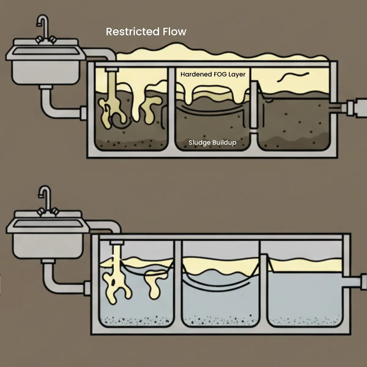 A side-by-side comparison infographic showing two grease traps in cross-section. The left side shows a neglected trap: thick layers of solidified grease at the top, heavy sludge at the bottom, restricted flow through the baffles, and a partially blocked outlet pipe. Labels: "Restricted Flow," "Hardened FOG Layer," "Sludge Buildup."