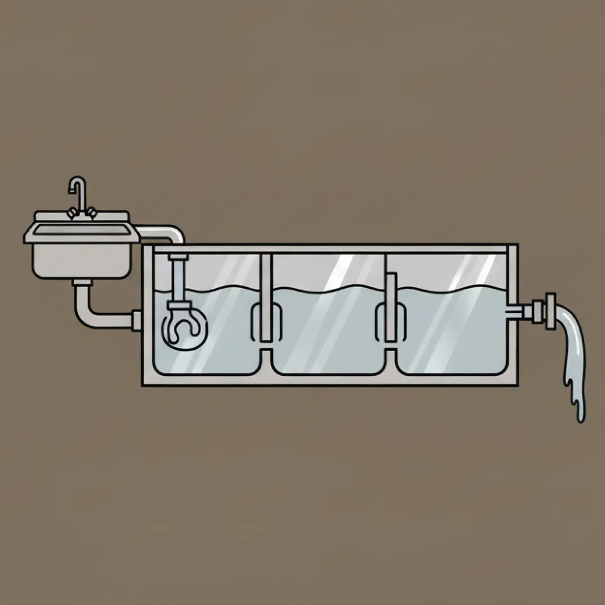 An infographic showing the a shiny and clean grease trap after a professional cleaning. There is water flowing through it. Show clear chambers, clean baffles, open flow path, and a clean outlet pipe.