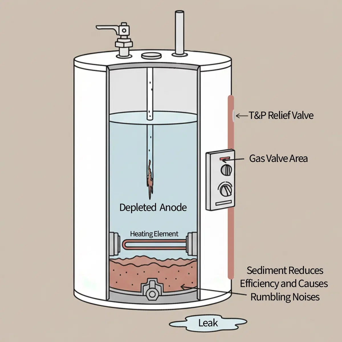 Common issues that require water heater repair: depleated anode, sediment build up, leaks, and faulty thermostats and valves