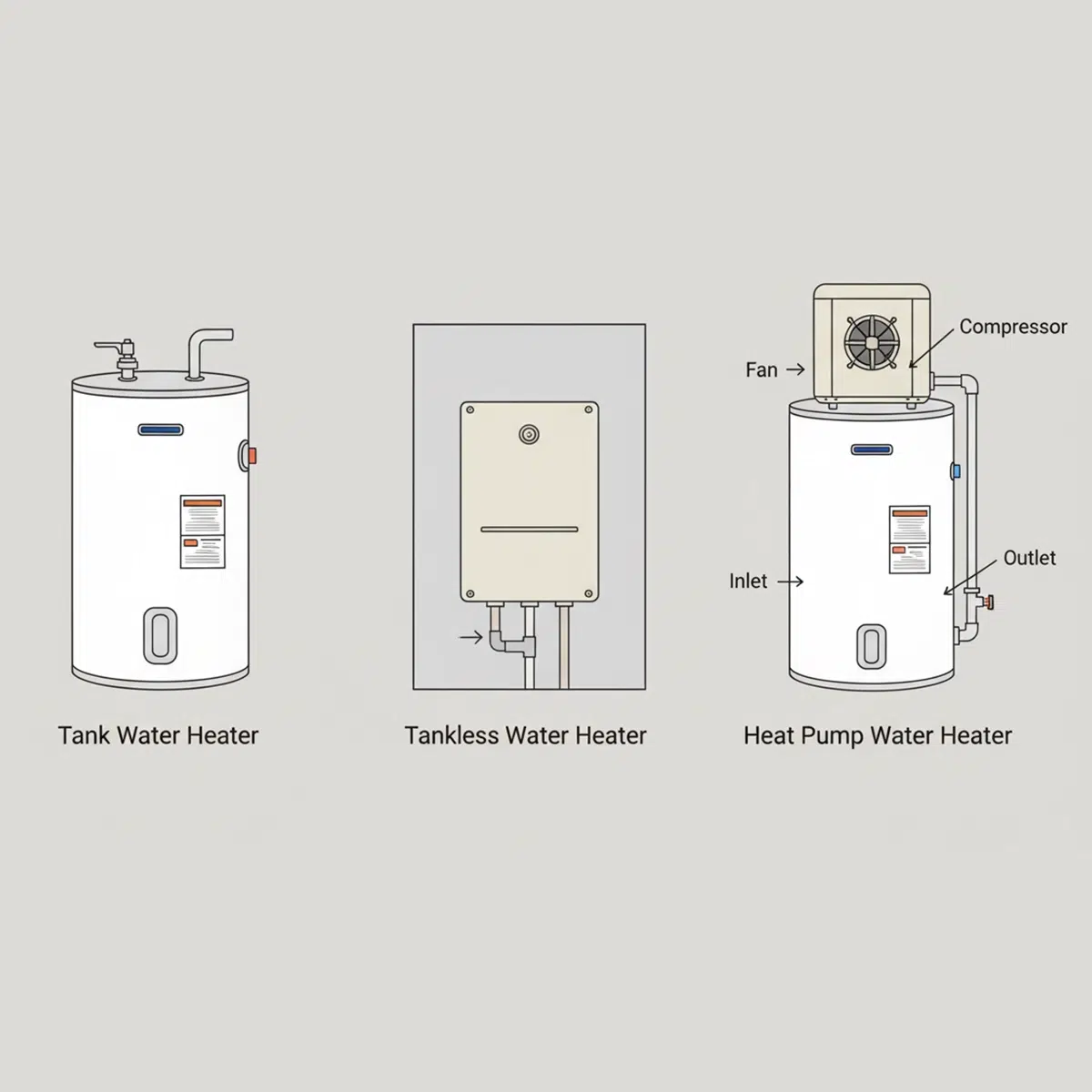 Types of water heaters maintained: traditional tank, tankless, and heat pump