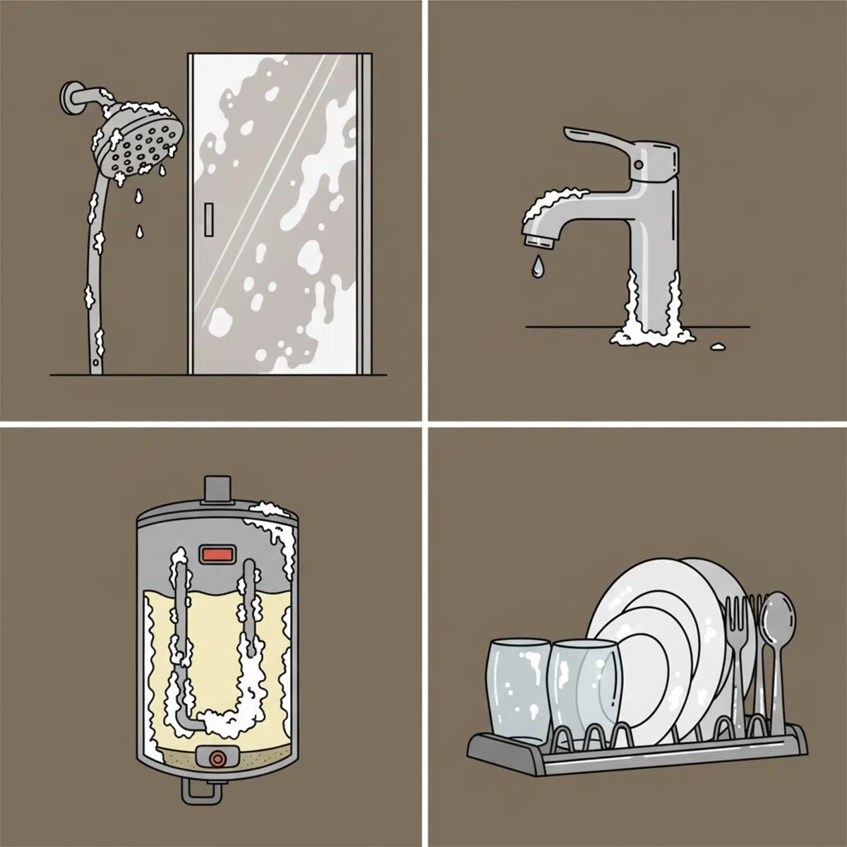 A square divided into four sections with illustrations. A showerhead with visible scale buildup and a glass shower door coated in white mineral film. A faucet with crusty deposits. A water heater cross section showing scale lining the interior walls and coating the heating element. Hard water stains on dishes.