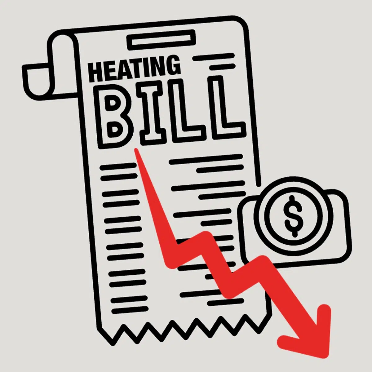 An illustration of a piece of paper that says “Heating Bill” and a downwards arrow showing it decreasing