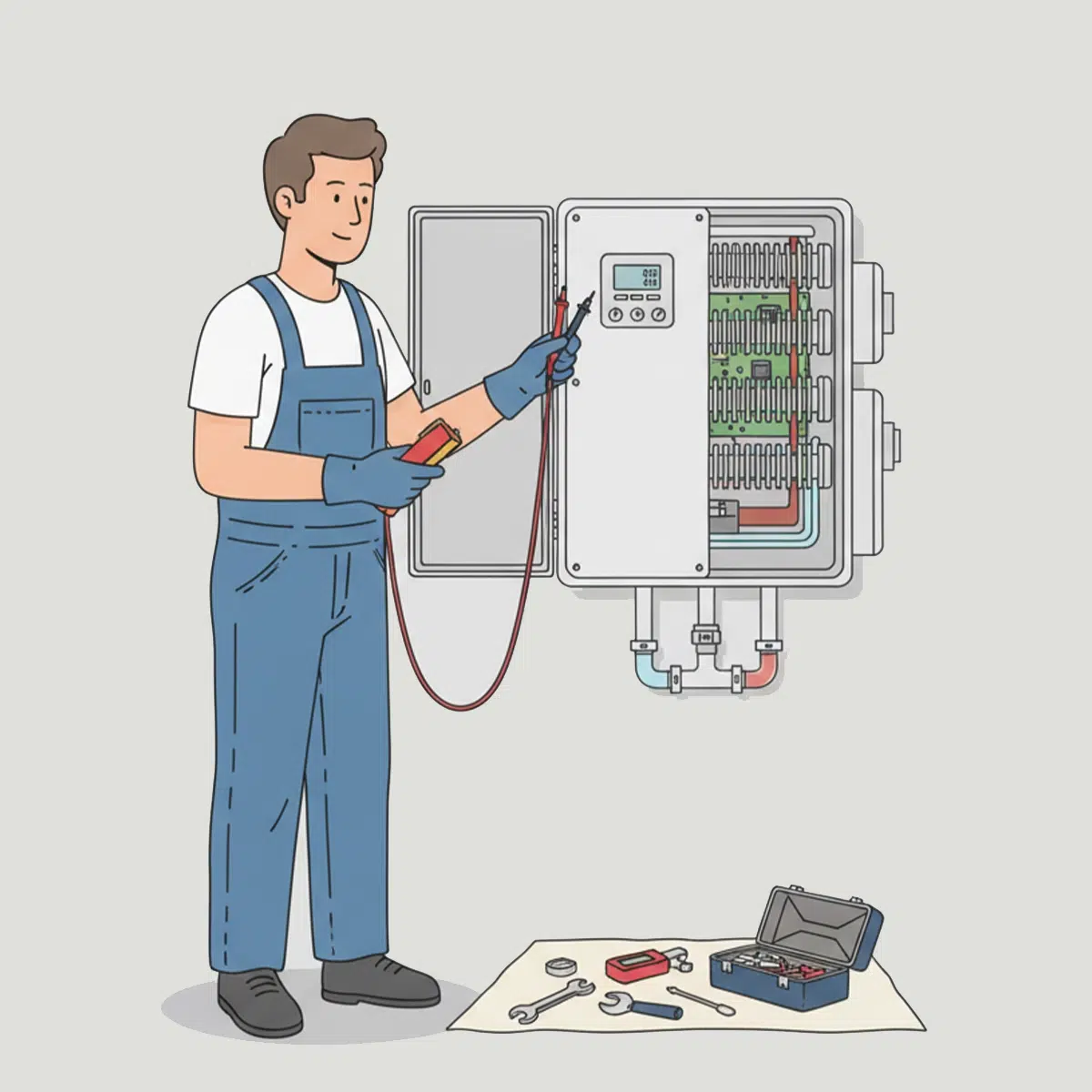 A plumber testing a tankless water heater.