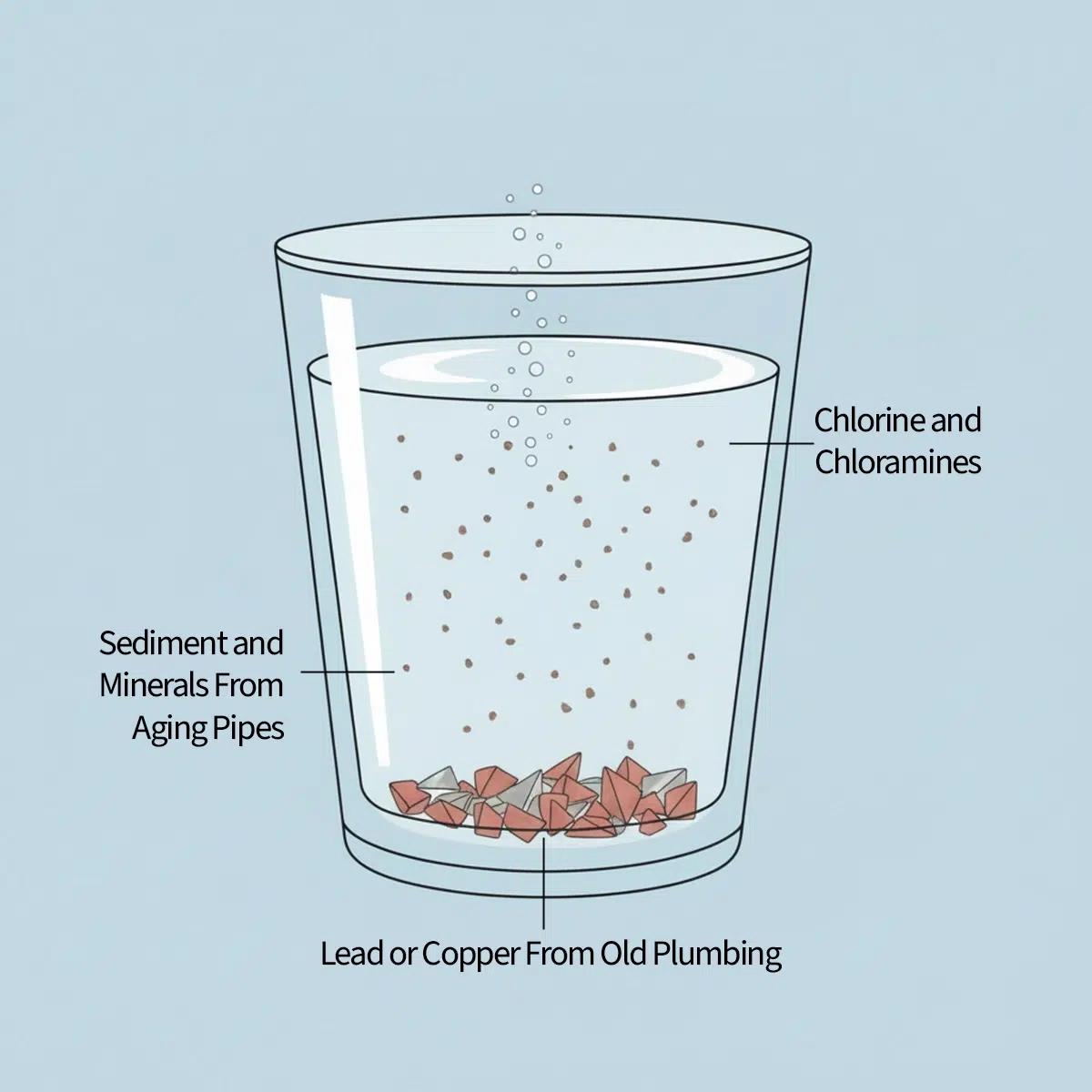 A glass of water showing common contaminants that a water filter removes