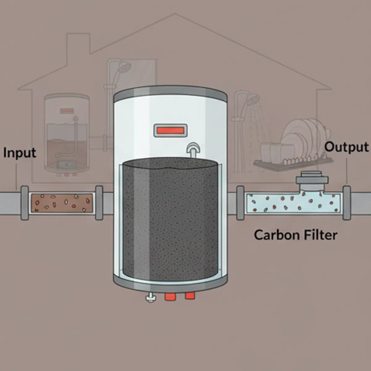 A whole-home water filter system diagram showing how contaminants are removed