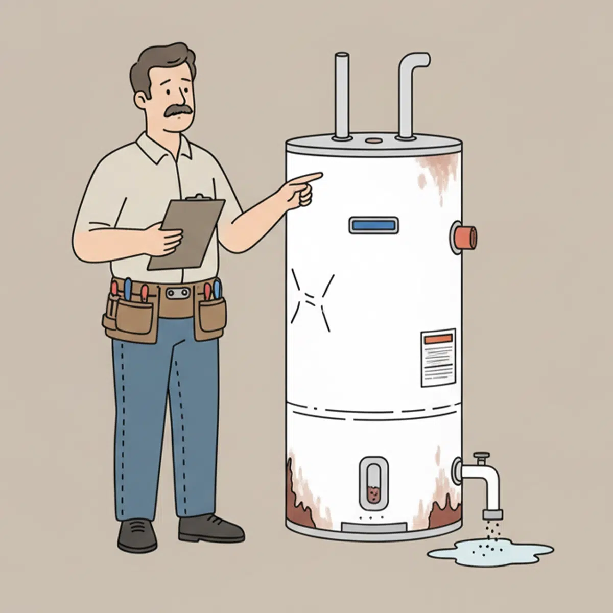 Caccia-Water-Heater-Installation-01 A plumber identifying issues on an old water heater that needs to be replaced