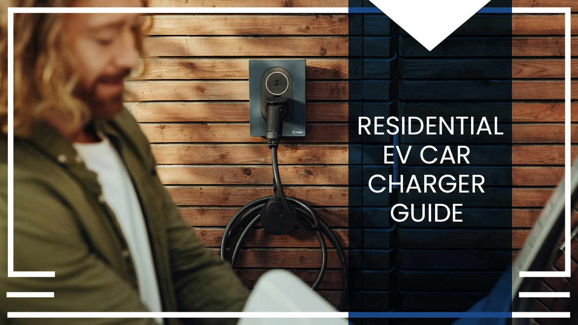 Title card with the title "Residential EV Car Charger Guide for 2025" on a transparent blue overly over a background photo of a blurred man charging his EV in the foreground, with a in-focus EV charger in the background.