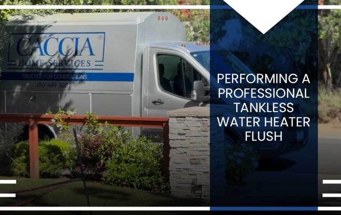A Caccia Home Services truck parked in front of a customer's home during a tankless water heater flush call