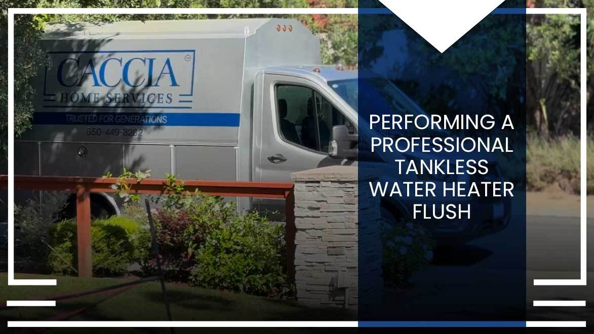 A Caccia Home Services truck parked in front of a customer's home during a tankless water heater flush call