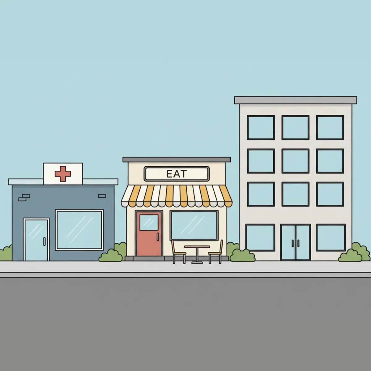 A street lined with commercial buildings: a medical office, restaurant, and office building.