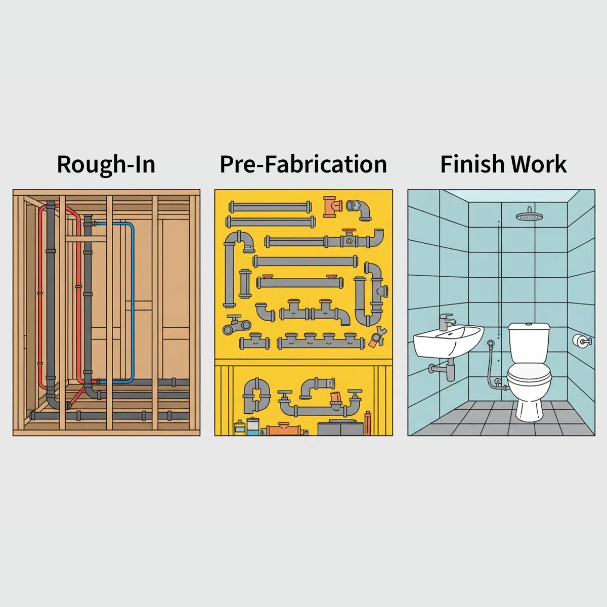 A plumbing schedule that shows: Rough-In Pre-Fabrication Finish Work