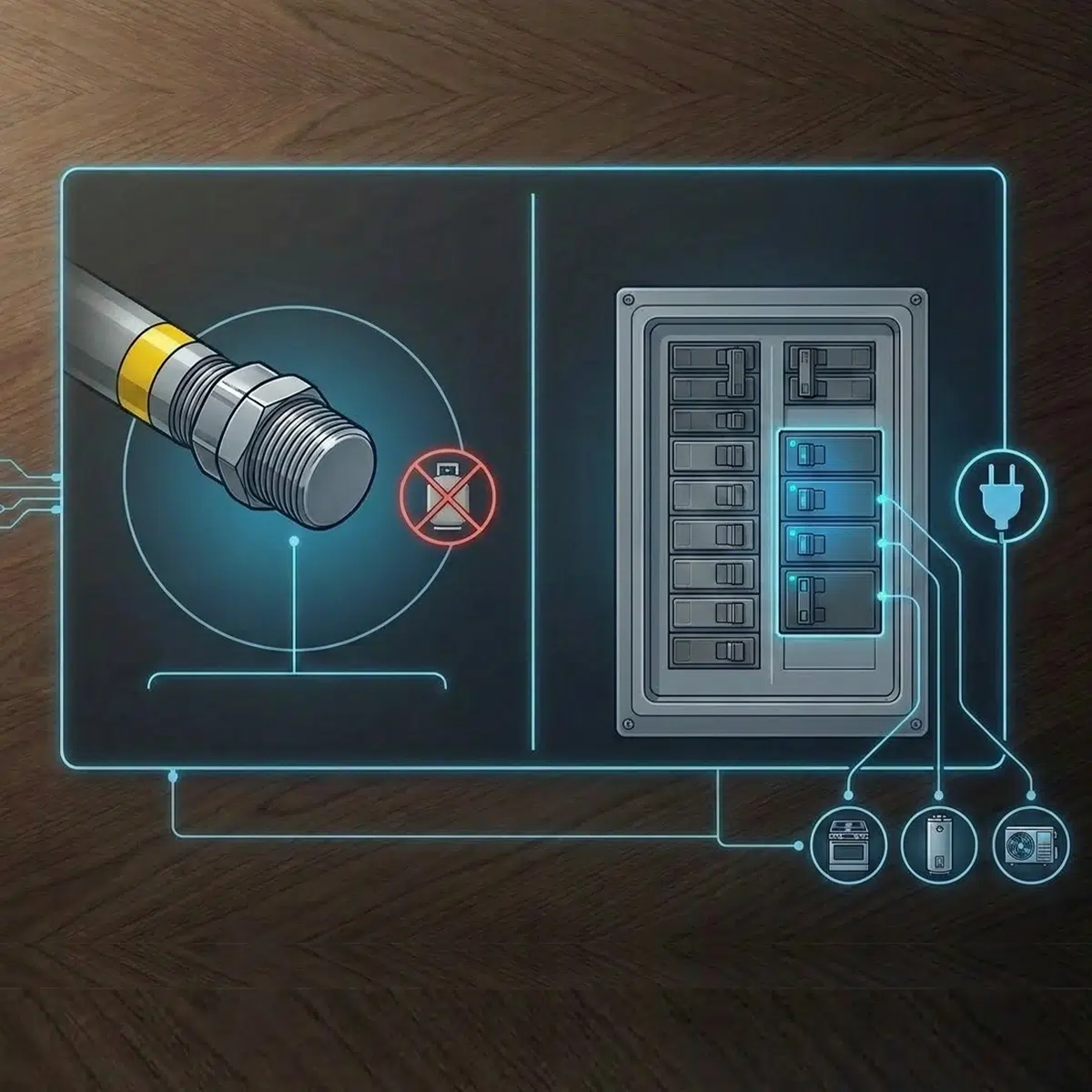 An image showing a capped gas line on the left half and an electrical panel with new switches on the right side.