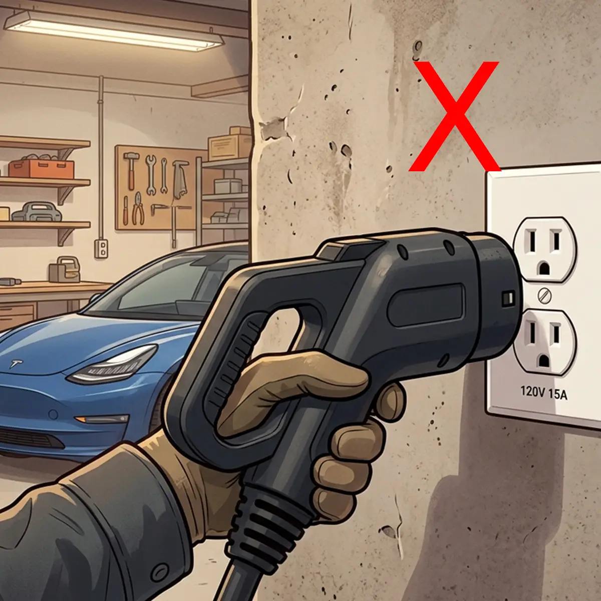 An EV car charger plug next to a traditional outlet, showing that they are incompatible.