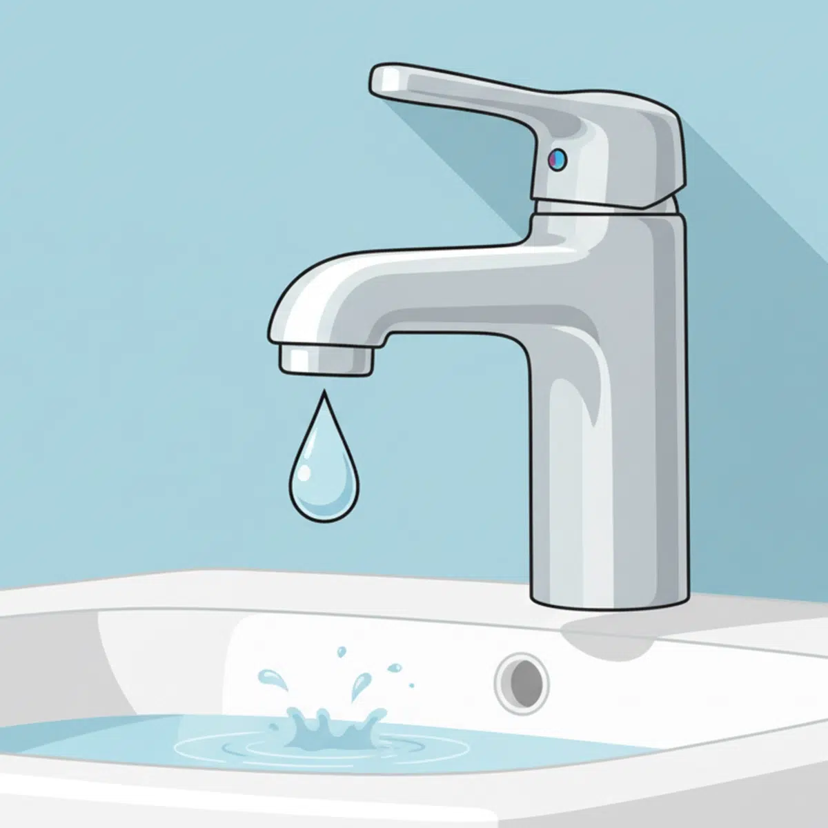 A sink faucet dripping water.
