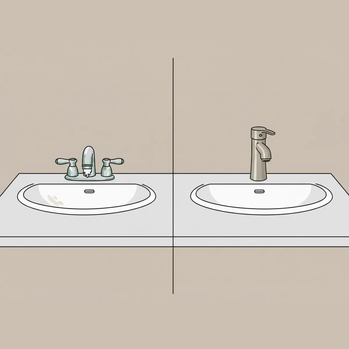 A before-and-after split image of a bathroom sink. Left side: outdated faucet with visible corrosion and mineral buildup. Right side: clean, modern faucet professionally installed on the same vanity.