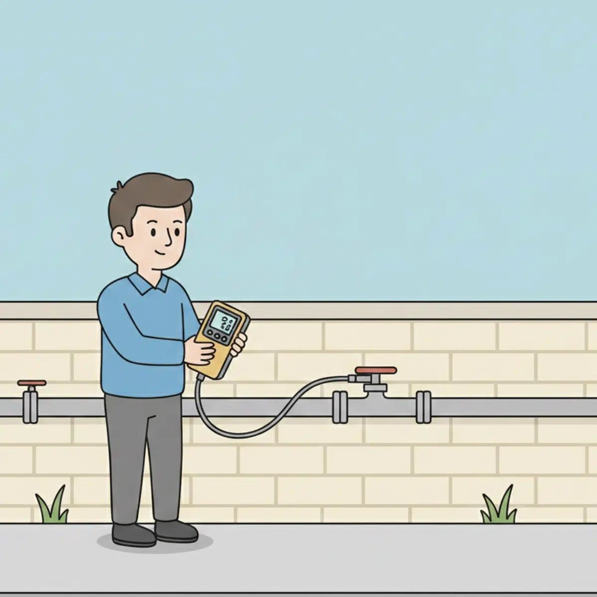 A technician using an electronic gas sniffer along a pipe connection.