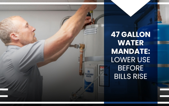 Graphic overlay with the words "47 Gallon Water Mandate: Lower Use Before Bills Rise" over a photo of a Caccia employee