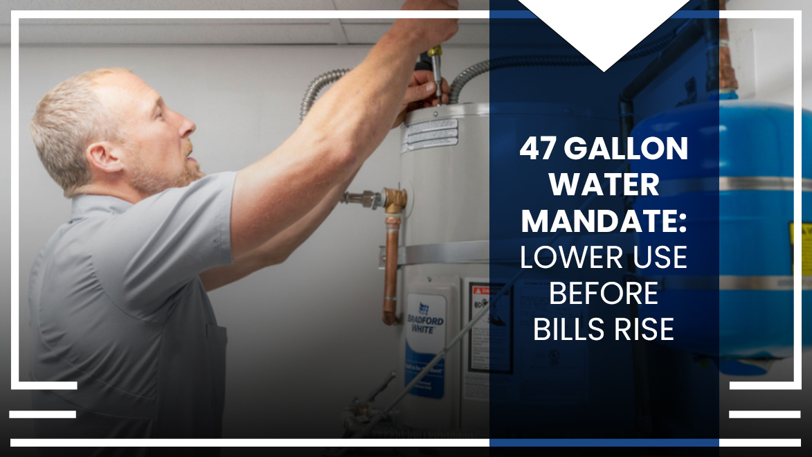 Graphic overlay with the words "47 Gallon Water Mandate: Lower Use Before Bills Rise" over a photo of a Caccia employee