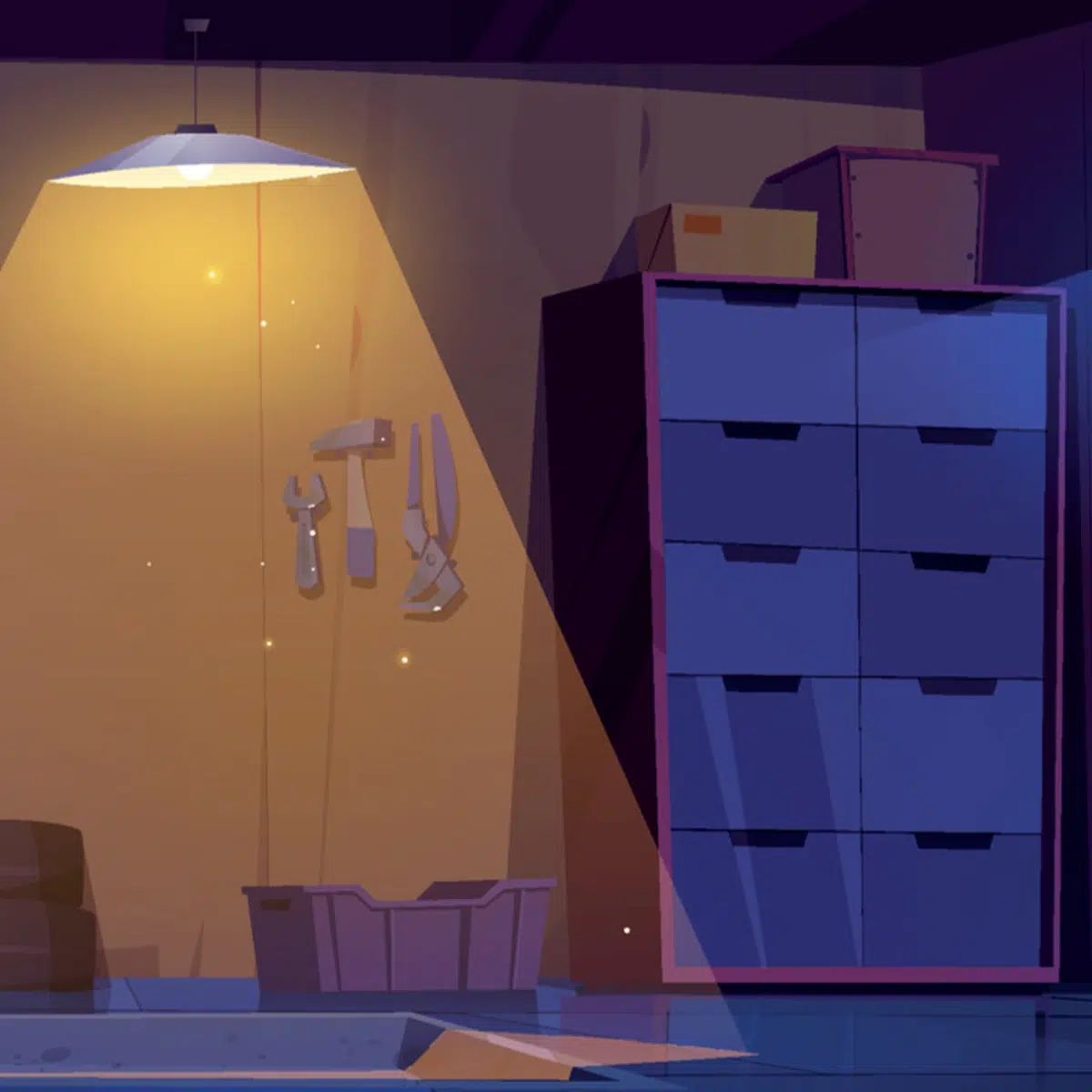 A dim room with an old, yellow light.