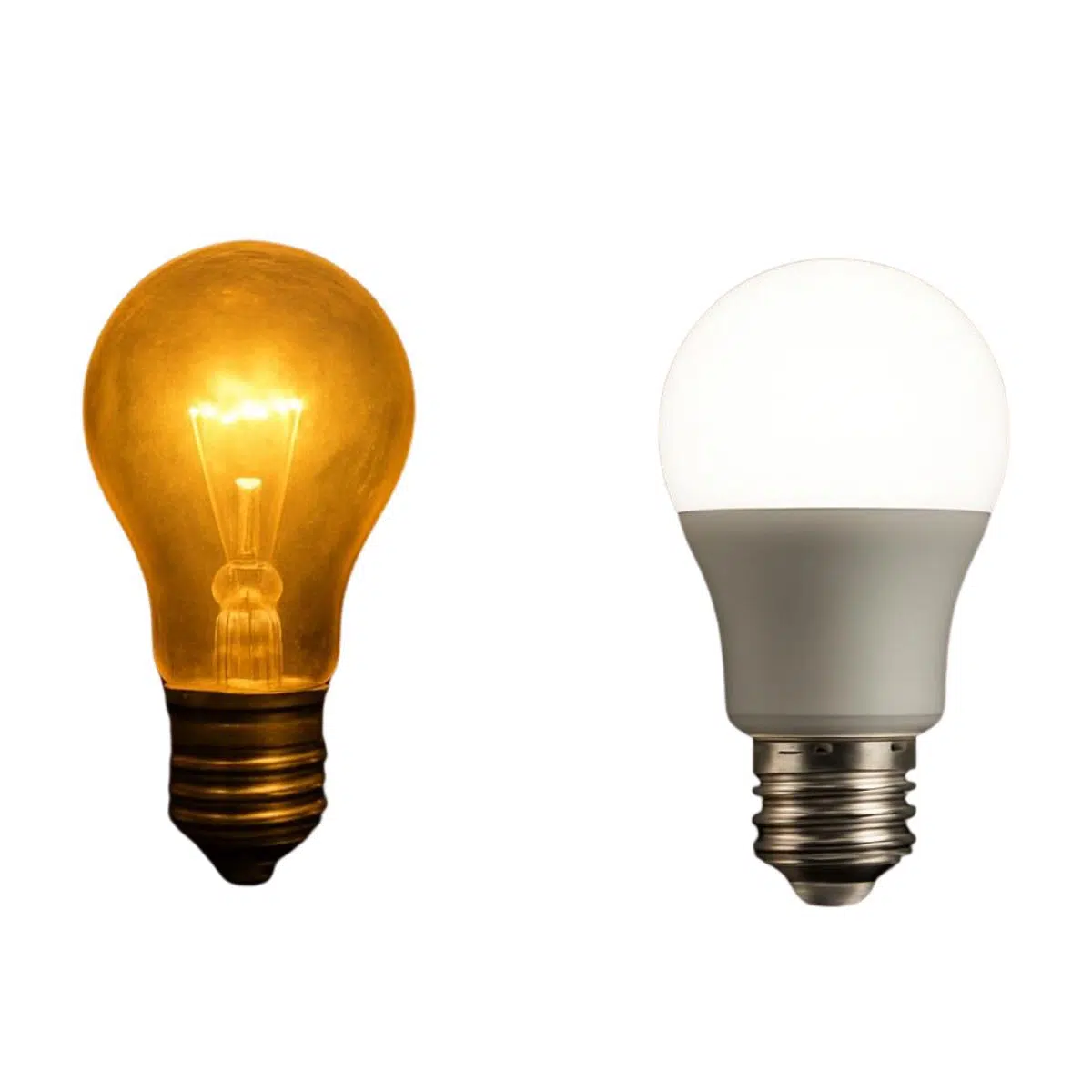 An old, yellow incandescent light bulb on one half of the graphic compared to a new, bright white LED bulb