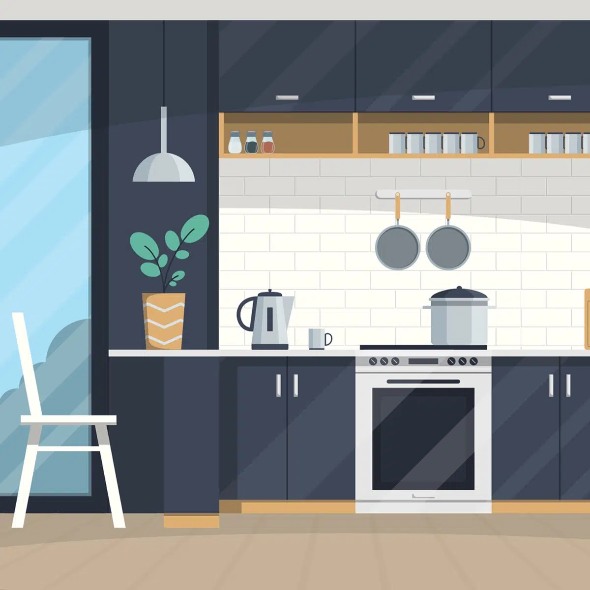 A kitchen with bright, white lighting underneath the cabinets, in pot lights, and from a modern light fixture.
