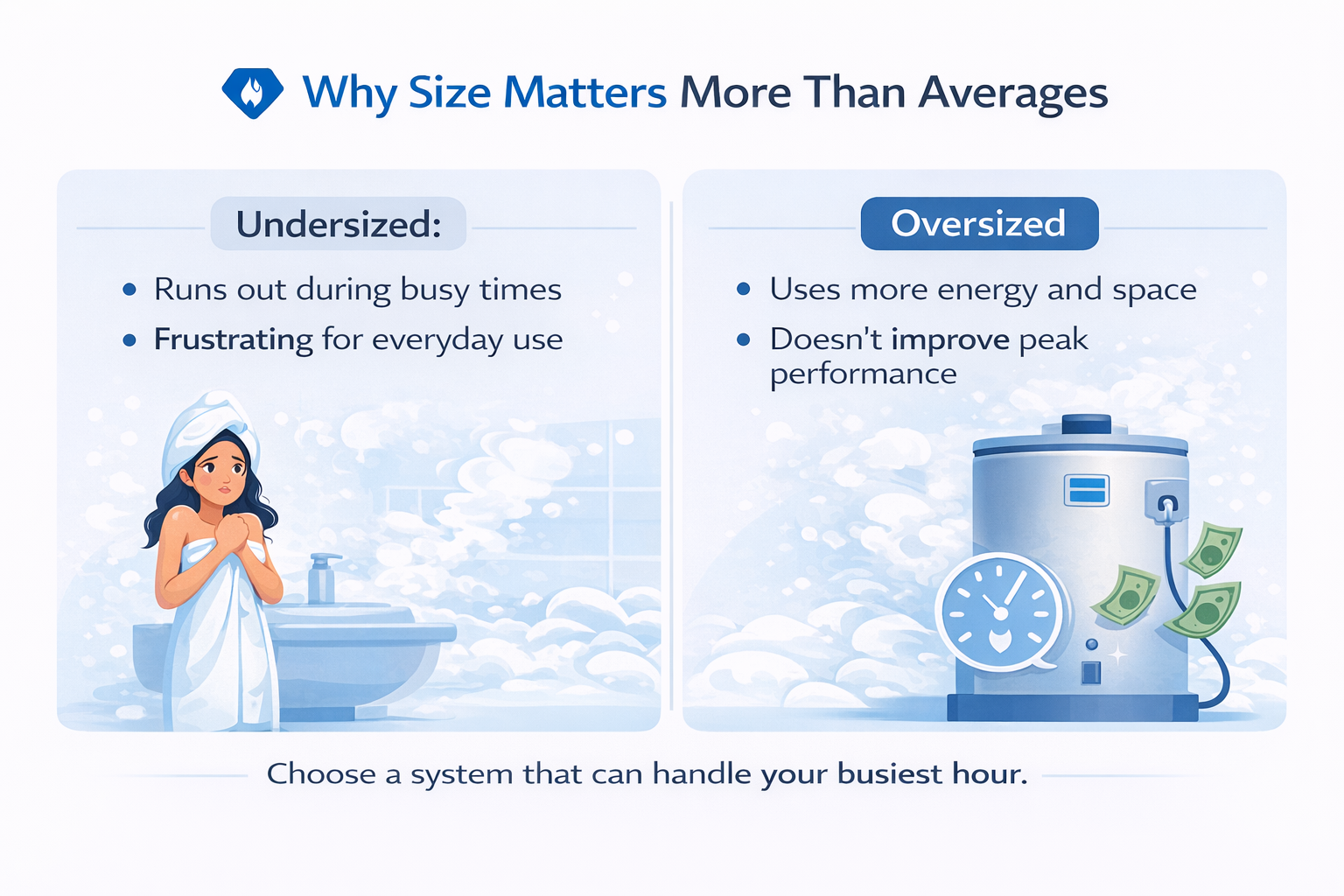 Infographic showing why water heater size matters more than averages