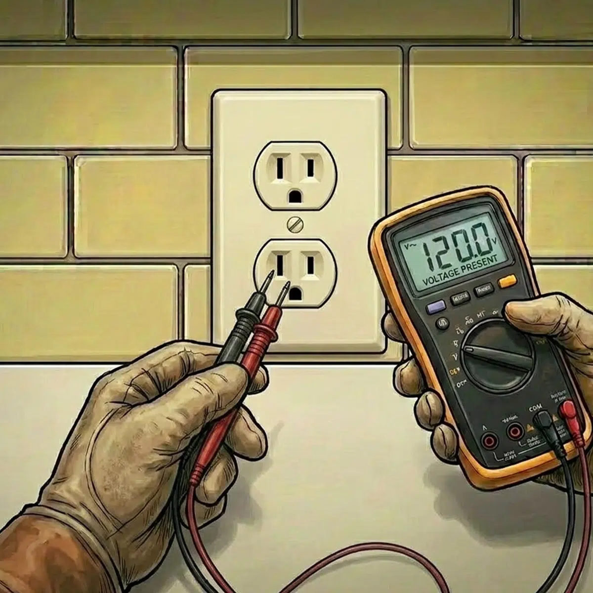 A hand using an electrical reader to test a wire