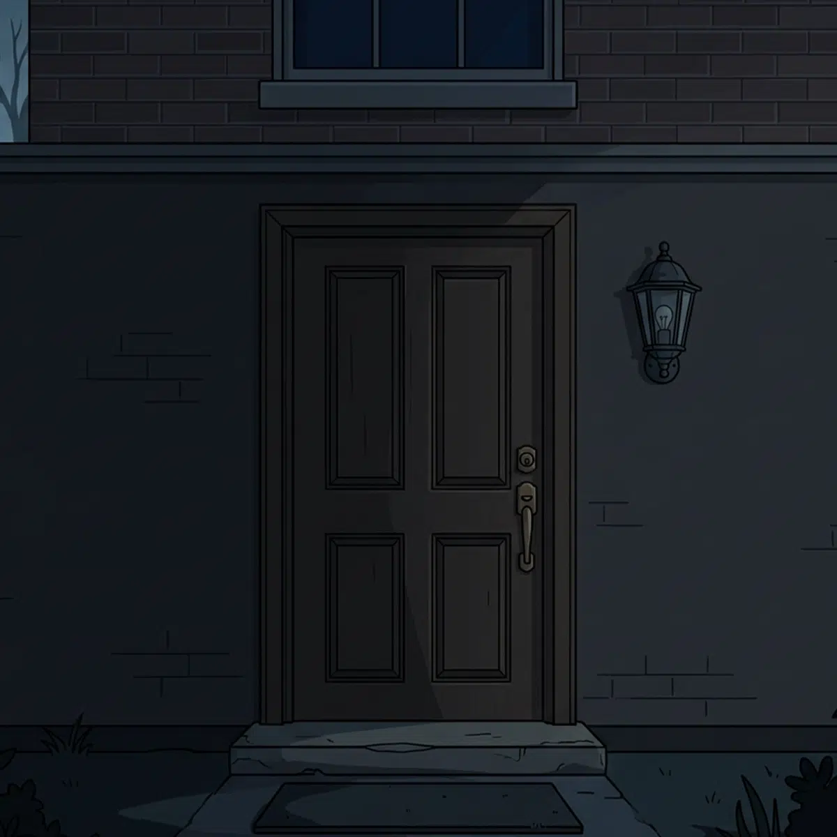 A darkened image of a front door, showing that there is no security lighting