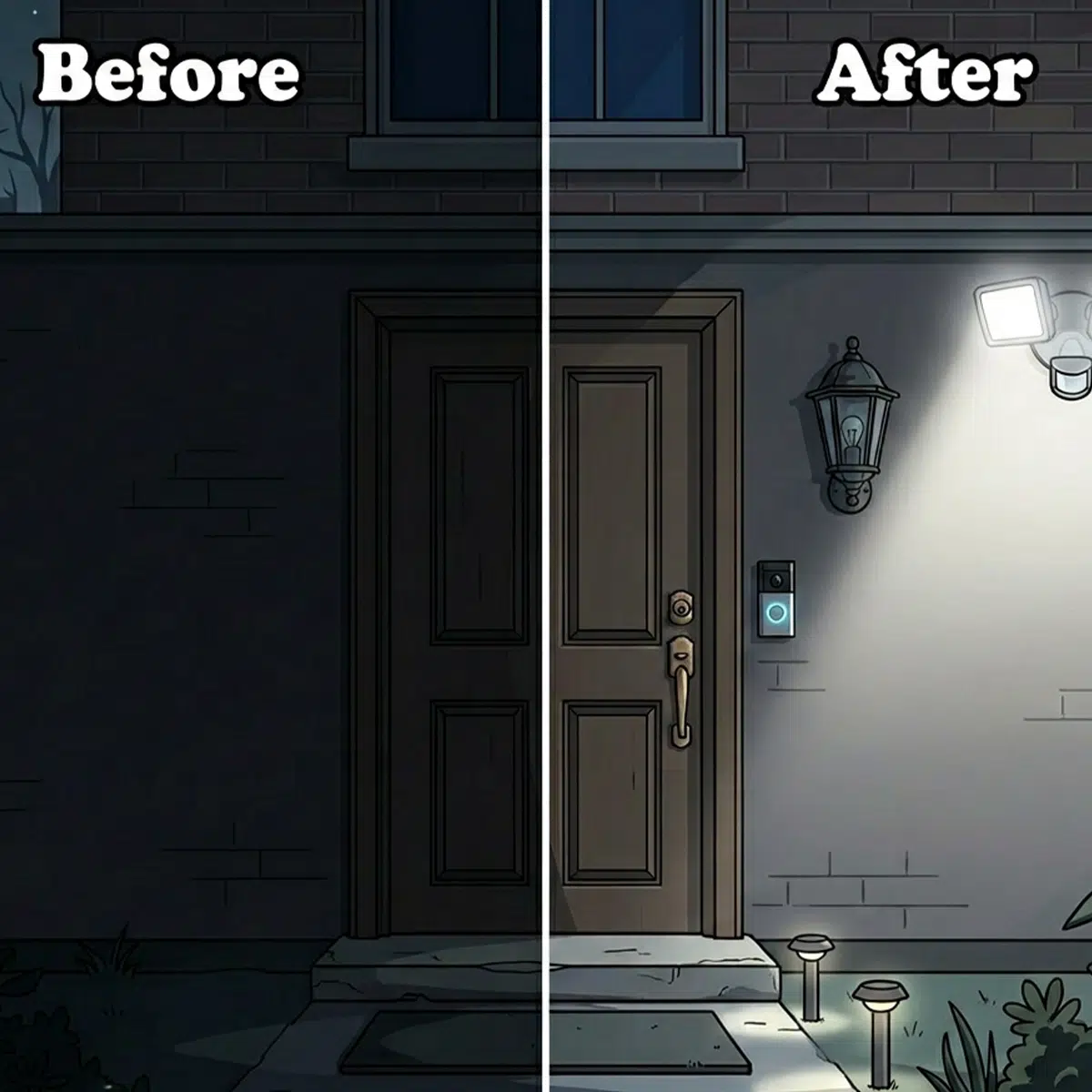 Left ("Before"): the dark home exterior from image 1 with no security lighting. Right ("After"): the same home with bright motion-sensor lights, pathway illumination, and a video doorbell.
