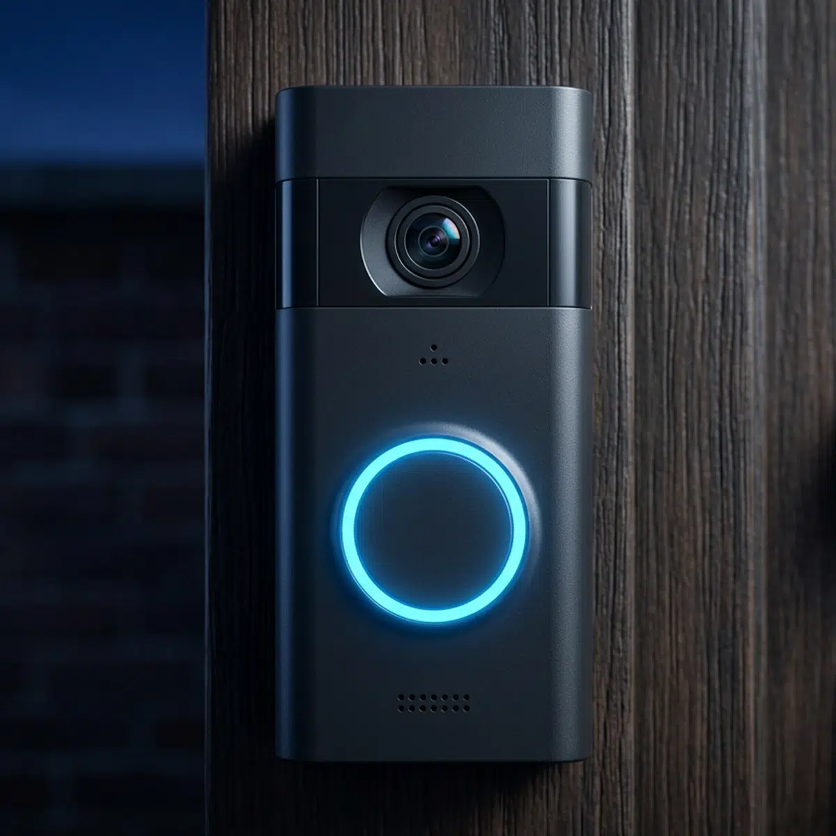A close-up of a modern, smart/video doorbell.