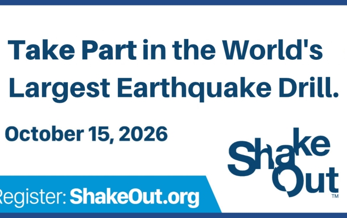 Graphic with info about the Great ShakeOut on October 15, 2026, including the ShakeOut Logo and registration link ShakeOut.org
