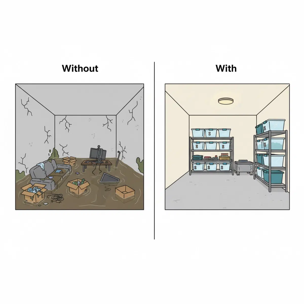 Left side ("Without"): flooded basement, damaged belongings, mold growth, foundation damage. Right side ("With"): dry basement, protected belongings, no mold, foundation intact.