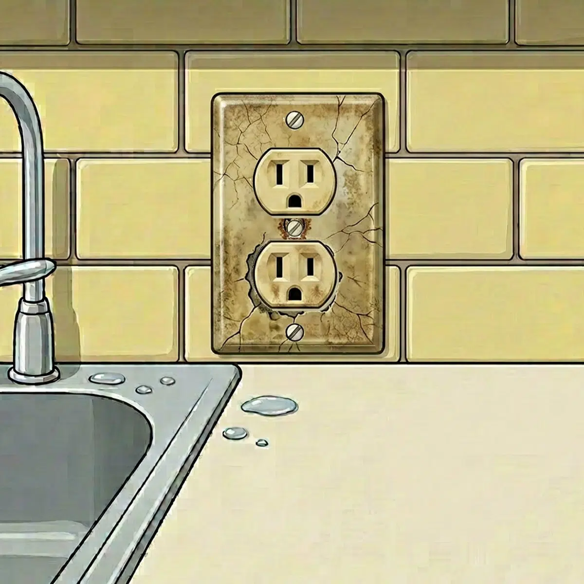 An old two-prong outlet with visible discoloration and cracks.