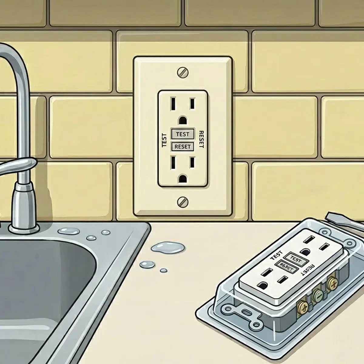 An old outlet next to a kitchen sink that needs to be upgraded.