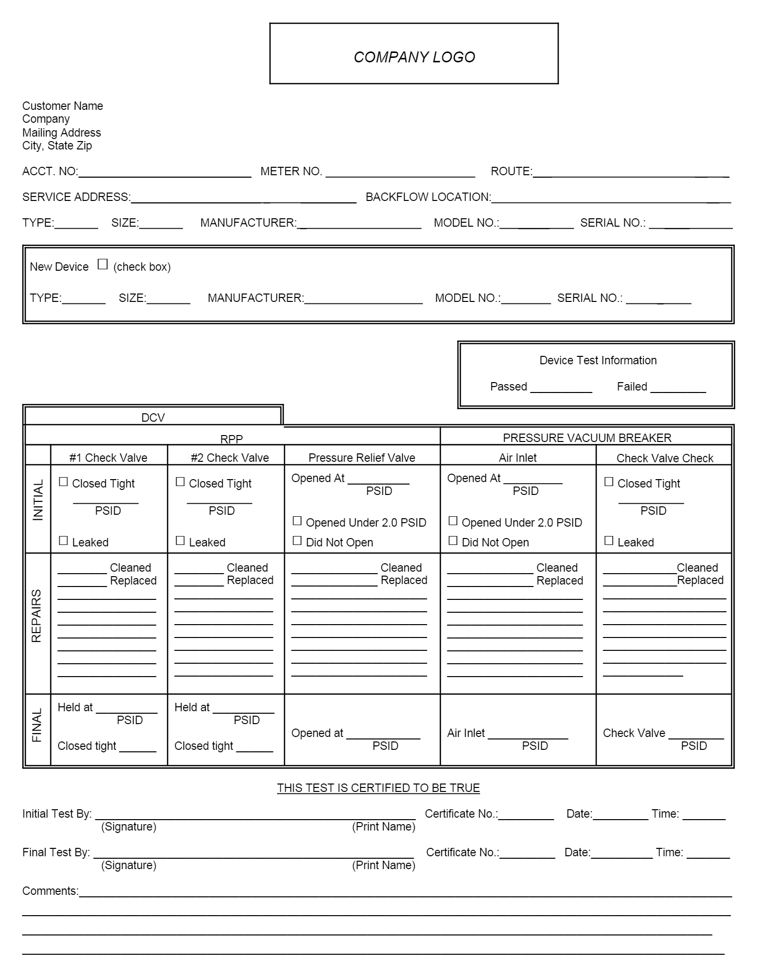 Blank Alameda County backflow assembly test report form