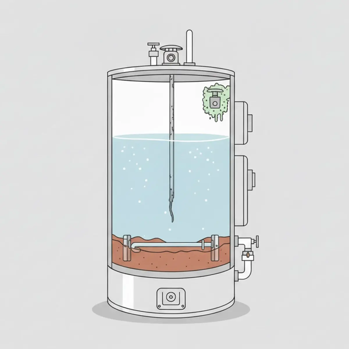 An image showing damage to a water heater from a lack of maintenance, like sediment build up and a depleted anode rod